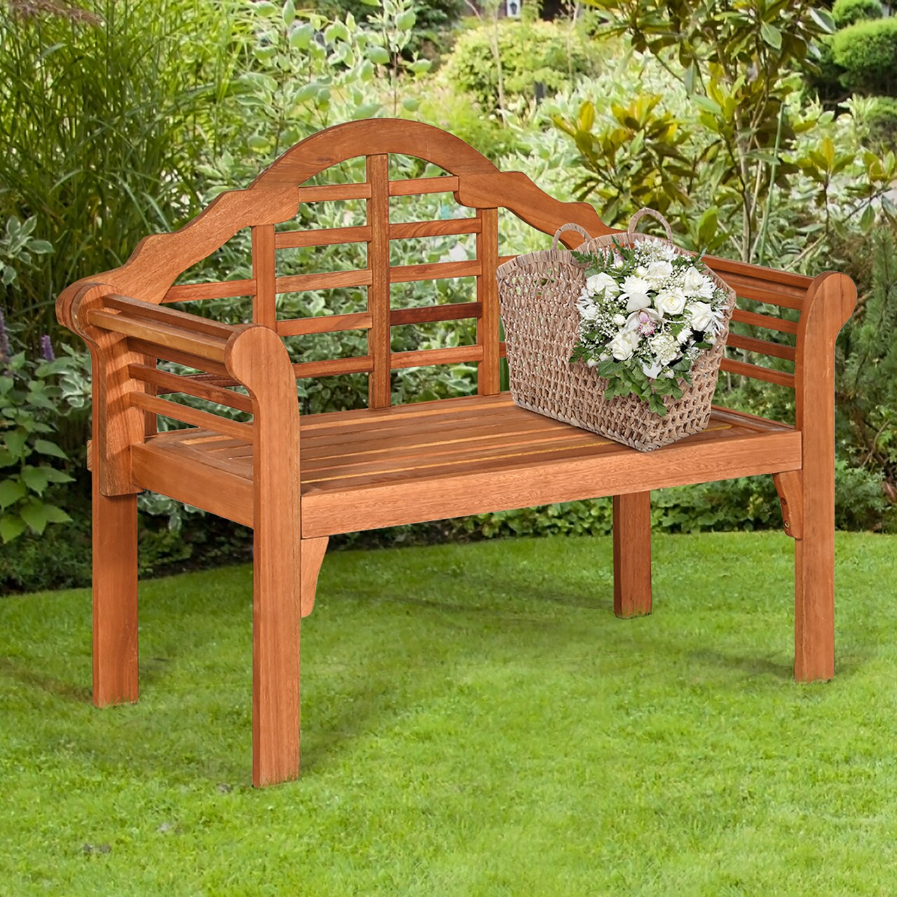 Costway 49'' Outdoor Folding Bench Eucalyptus Wood Backrest Armrest Patio Garden